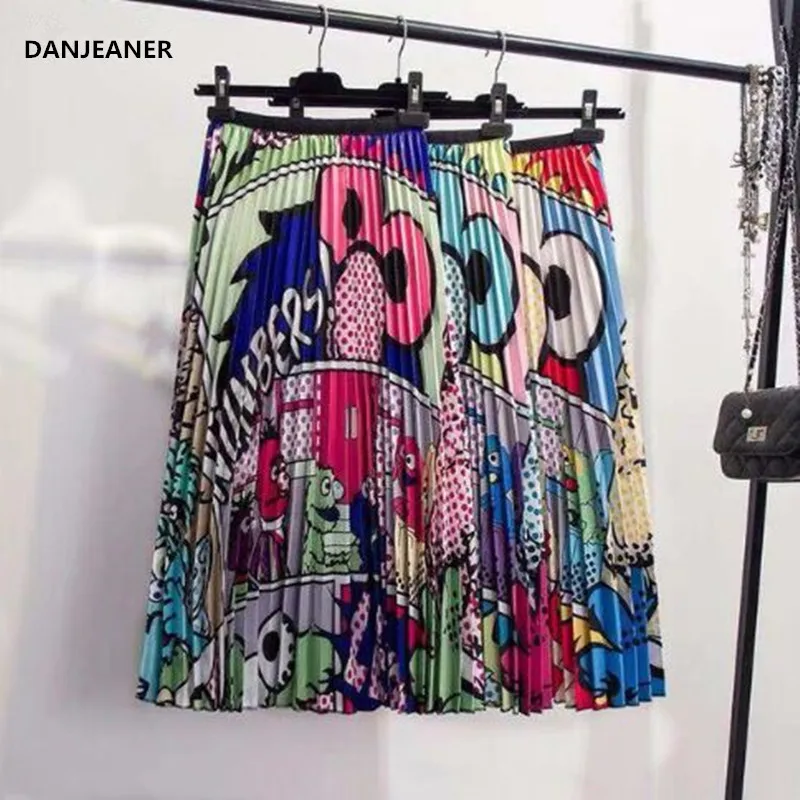 

DANJEANER 2019 Summer New Europen Cartoon Pattern High Elasticity Pleated Skirt High Street Style A-line Mid-Calf Christmas