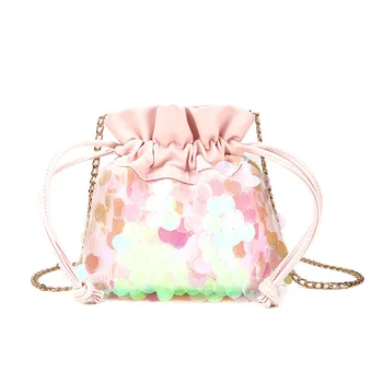 

TTOU Women Paillette Mini Bag Fashion Drawstring Bag for Youth Shining Sequins Small Bucket Bag Chain Messenger Bag