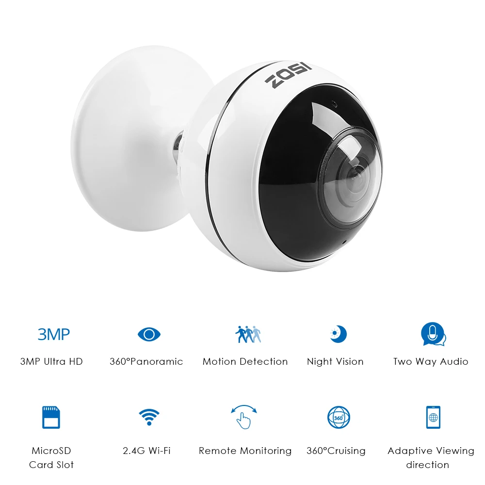 ZOSI Wireless IP Camera WiFi Panoramic Fisheye Video Surveillance Camera 3MP Ultra HD 360 Full Degr