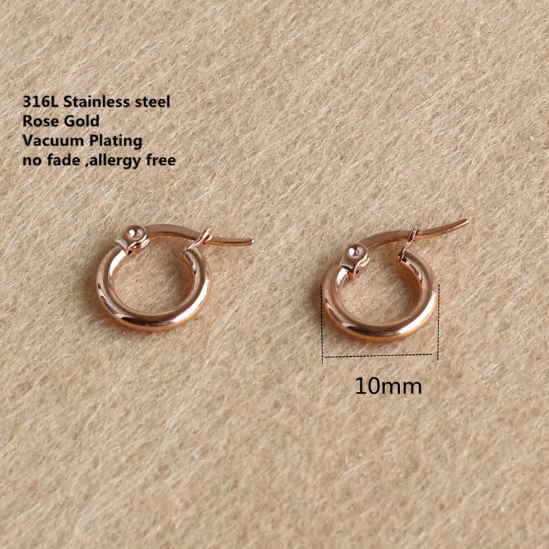 Rose Goldcolor Plated Titanium 10mm Hoop Earrings 316 L Stainless