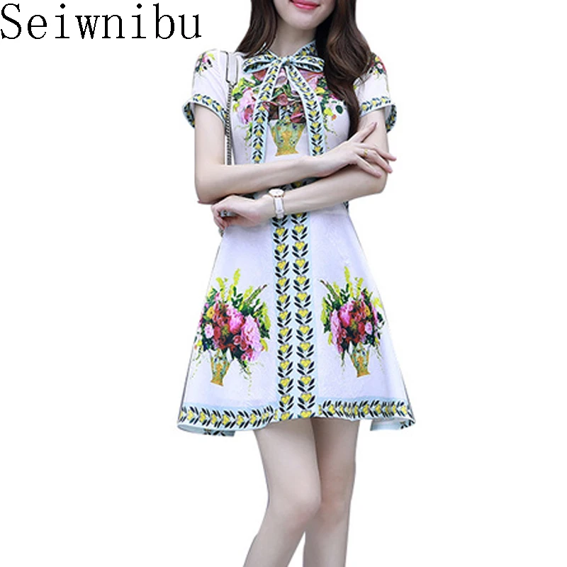 

Runway Dress 2019 Women Summer Short Sleeve Robe Femme High Quality Floral Print Designers Elegant Bow Party Mini Dress Vestidos