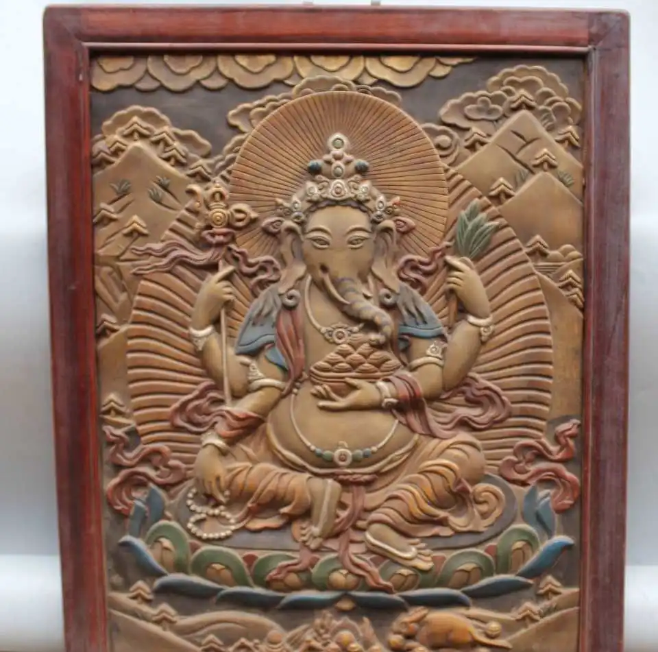 

27"Tibet Buddhism Wood Painted handwork carve Elephant God Mammon Buddha Statue