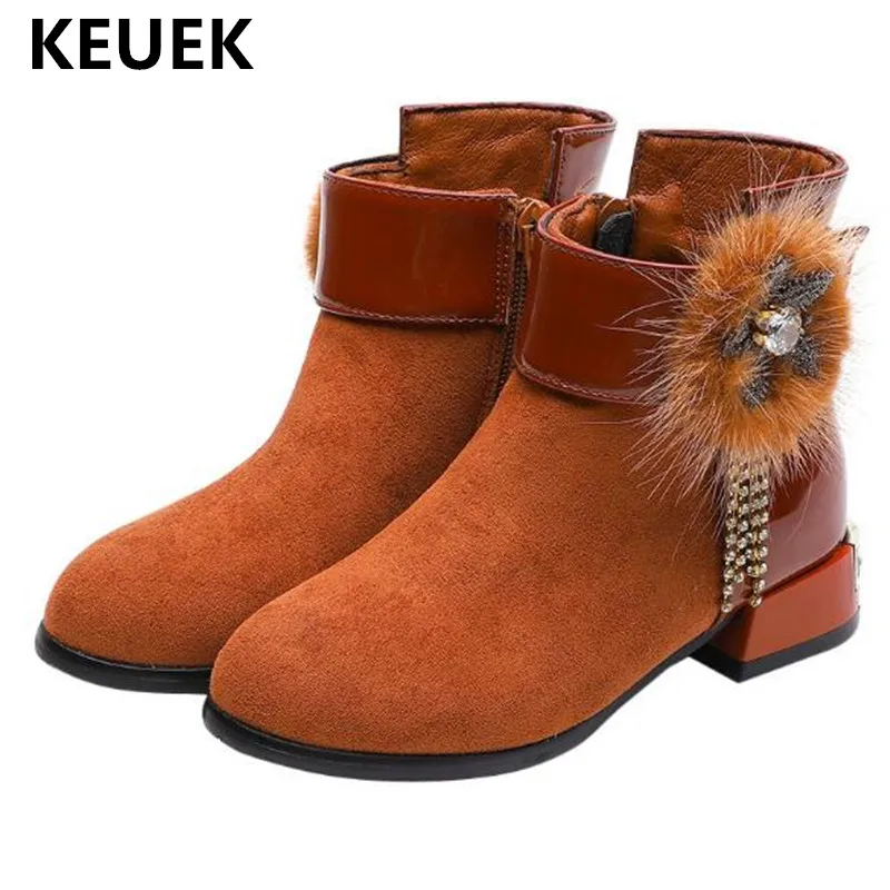 

New Children Fashion Boots Girls Princess PU Leather Short Plush Snow Boots Kids High-heeled Rhinestone Winter Shoes Baby 03
