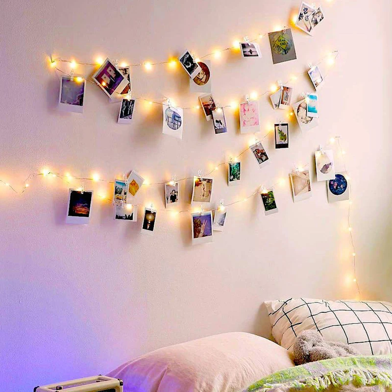 Diy Display Photo String Fairy Light With Photo Clips Bedroom Wall
