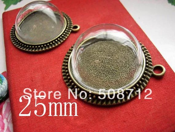 

10Sets Glass semi-globe bottle, 25mm opening necklace pendant set, 25mm diameter antique bronze pendant tray