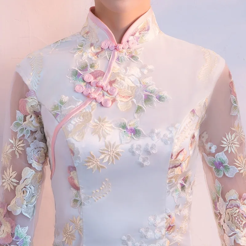 Традиционное вечернее платье современные китайское платье Qipao пикантные Cheongsam Бежевый шелк платья для женщин для кружево Vestido Oriental