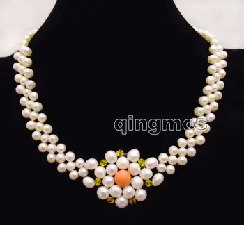 

6-7mm White Round Natural FW pearl and 9-10mm Pink Coral handwork Weaving 17'' 3 strands Necklace-nec6187 Wholesale/retail free