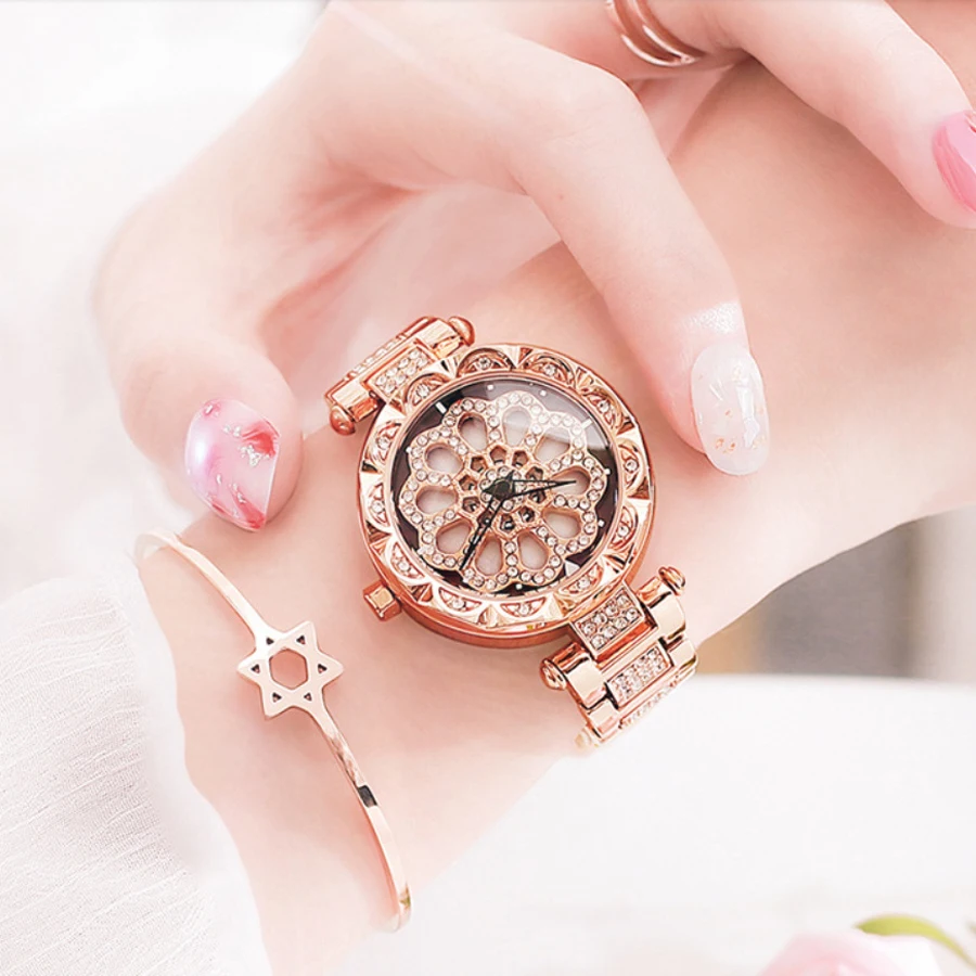 Chronos Luxury Rhinestone Women Watches Creative Rotation Quartz Wristwatch Steel Ladies Dress Watches Relogio Feminino