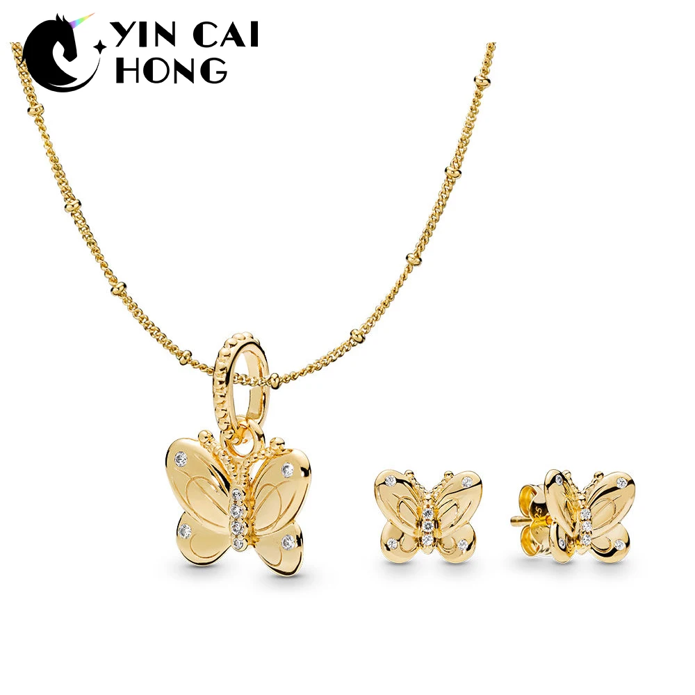 

YCH 100% 925 sterling silver new 2019 spring RAU0585 Shine Decorative Butterfly Butterflies Earring and Necklace Set