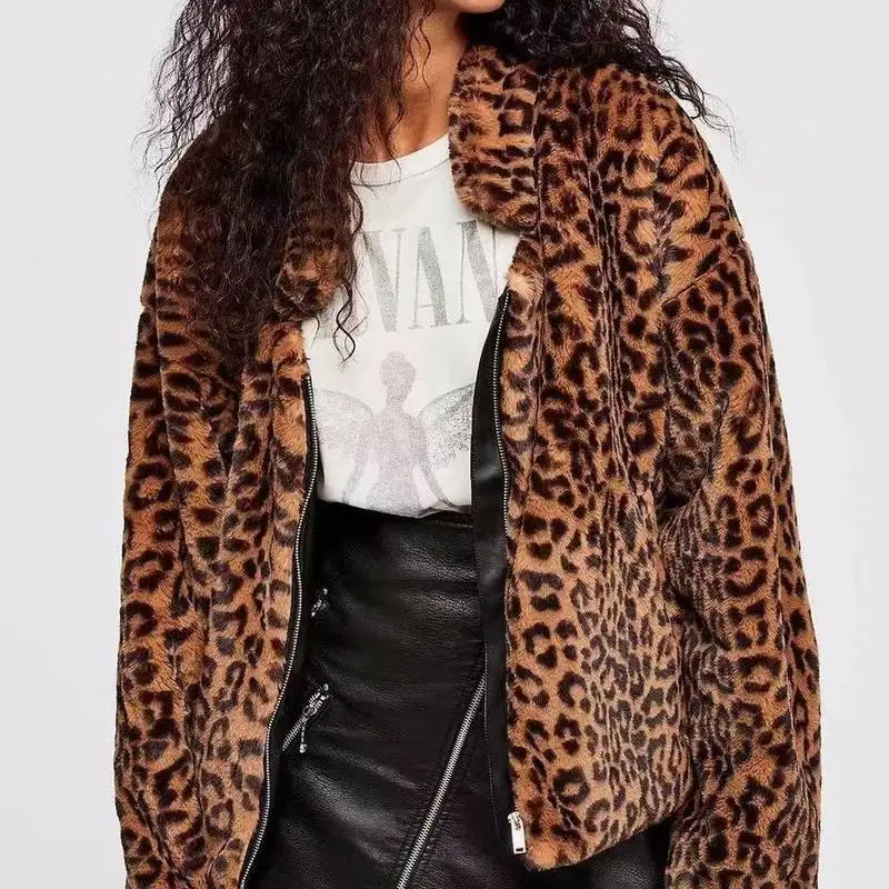 ZA 2018 зимняя новая женская кожаная короткая теплая куртка с леопардовым принтом