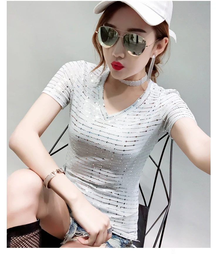 Fashion Sequins Pearl Hot Stamping V-Neck Tshirt New Summer Women Short Sleeve Striped Top Shirt Camiseta Mujer Gold T96610