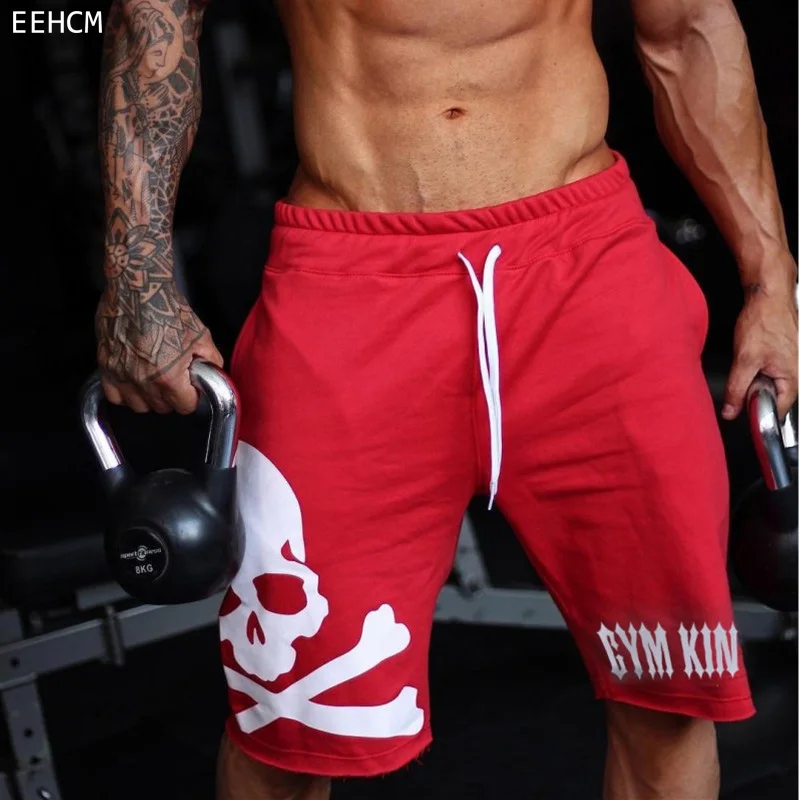 Новинка, мужские шорты для бега с черепом, модные мужские спортивные хлопковые спортивные штаны до колен, повседневные брендовые шорты для бодибилдинга