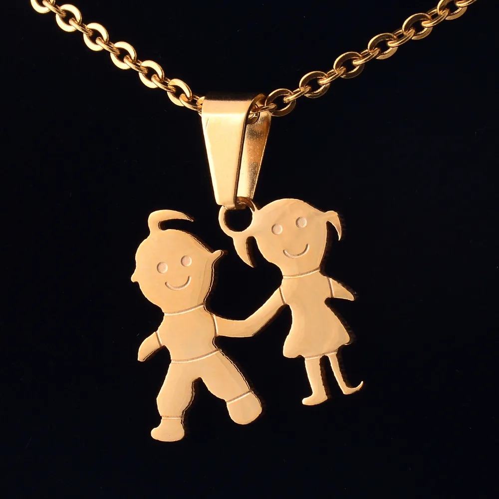 Boy and Girl Stainless Steel Pendant Necklace for Women Free Gold Color