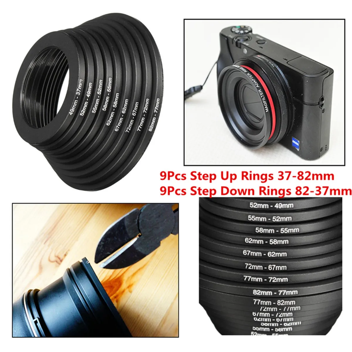 

18pcs Camera Lens Filter Step Up Down Ring Adapter Set 37 - 82mm For Canon For Nikon camera DSLR SLR