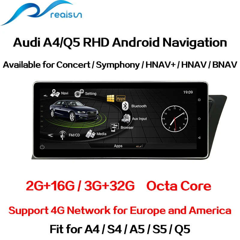 Perfect Realsun 10.25 Inch Audi RHD A4 B8 A5 S4 S5 Q5 Concert MMI 3G RAM 32G ROM Octa Core Android 7.0 4G Network Car Radio Navigation 1