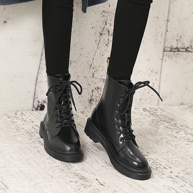 Baimier Winter Black Patent Leather Women Boots Fashion Round Toe Lace Up Ankle Boots For Women Warm Plush Women Winter Boots