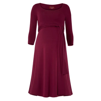 

Women Maternity Nursing Dress Ruched Robe Round Neck 3/4 Sleeve Pregnancy Clothes With Belt Wine Red and Black