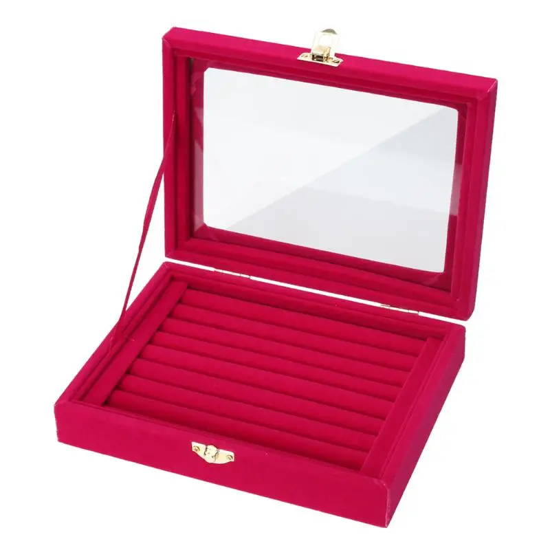 Fashion Ring Earrings Jewelry Box Display Storage Velvet Jewelry Case Casket Glass Cover Jewelry Organizer Holder Rack