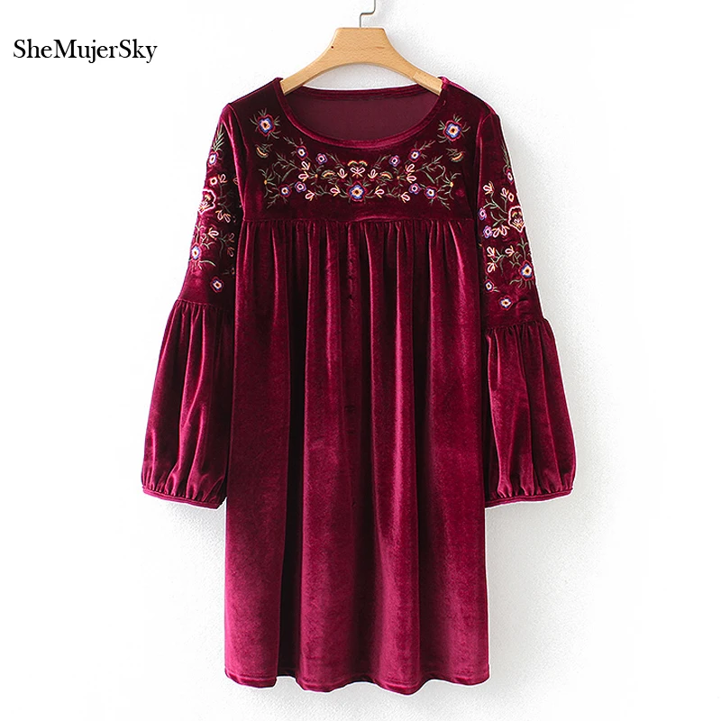 

SheMujerSky Women Embroidery Floral Dress Autumn Long Sleeve Velvet Dress 2018 ropa mujer