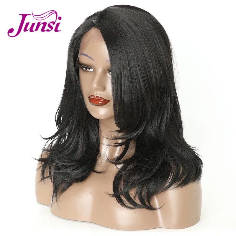 JUNSI короткие винно-Красные кружевные передние парики из натуральных волн для женщин термостойкий синтетический парик