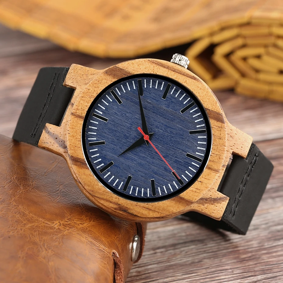 Retro Wood Watch Men Unique Navy Dial Bamboo Watches Black Leather Military Sports Clock Male Quartz Wrist Watch Reloj Hombre 2018 2019 (7)