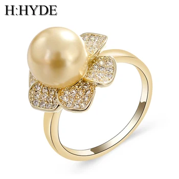 

H:HYDE Imitation Pearls Wedding Rings For Women Flower Jewelry Cubic Zirconia Gold Color Crystal Engagement Rings female Anel