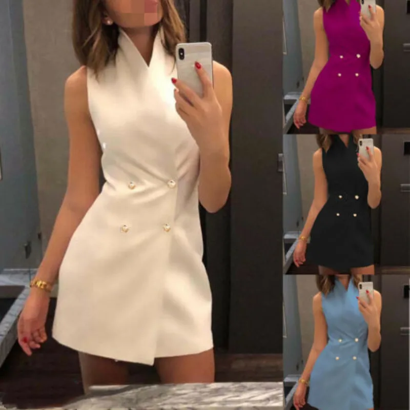 

Hot Elegant Women's Fashion Sleeveless Stand Collar Solid Color Button Formal Bodycon Dress Casual Mini Dress Suit Vest Dress
