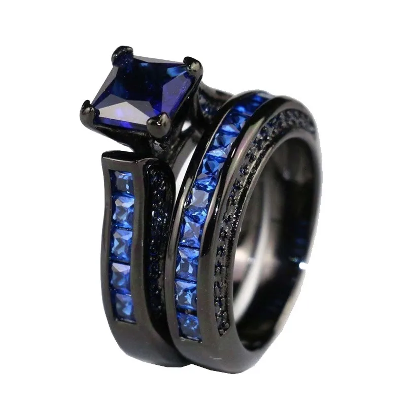 Набор обручальных колец из черного золота для женщин, голубой, красный, фиолетовый, CZ камни, кристалл, обручальное ювелирное изделие, 2 шт., набор колец - Цвет основного камня: 2969 Blue