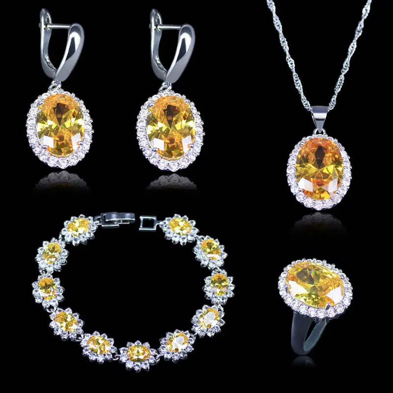 

4 Piece 925 Stamp Silver Color Cubic Zircon Jewelry Sets For Women Big Yellow Stone Bracelet Pendant Necklace Earrings Ring Sets
