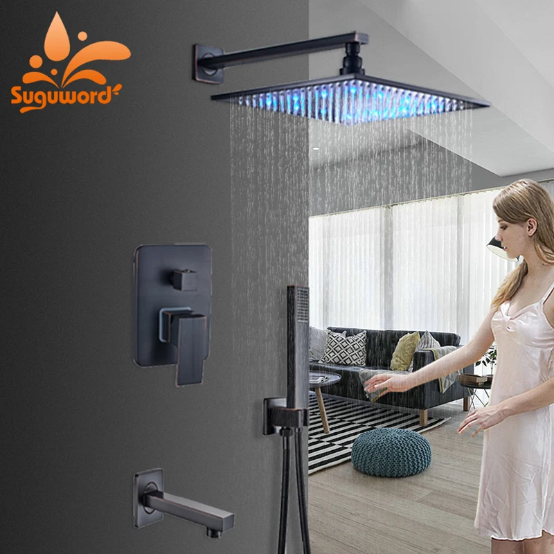 

LED change with Temp ORB Concealed Shower Set Hot Cold Shower System Mixer Taps 12 inch Brass rainfall shower head