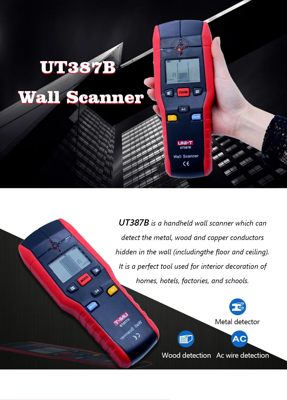 UNI-T UT387B настенный детектор многофункциональный ручной настенный тестер Металл Дерево кабель переменного тока искатель сканеры стен