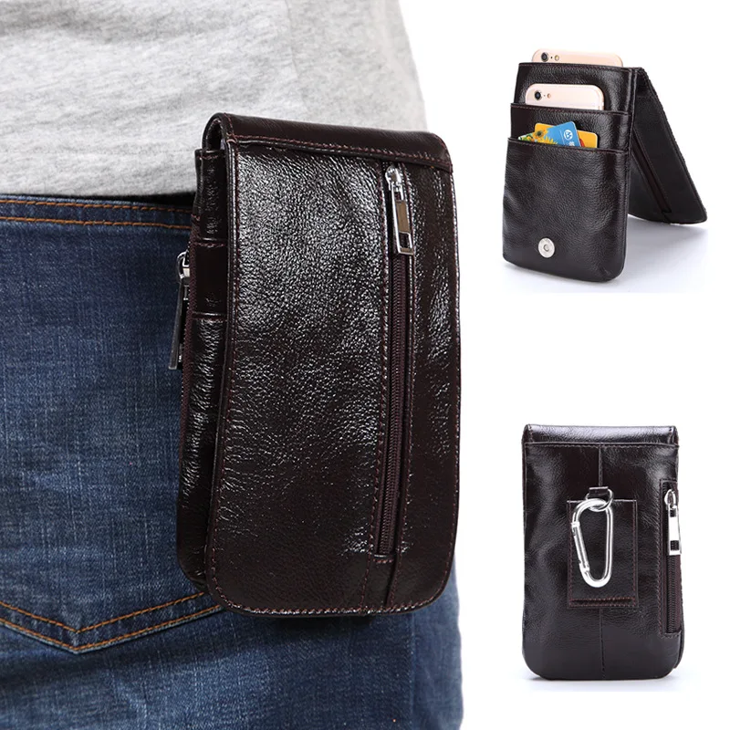 

New Cow Leather Phone Bags Sport Pockets Men Waist Pack Outdoor Travel Wallet Phone Case Sporting Phone Pouch Zipper Handbag