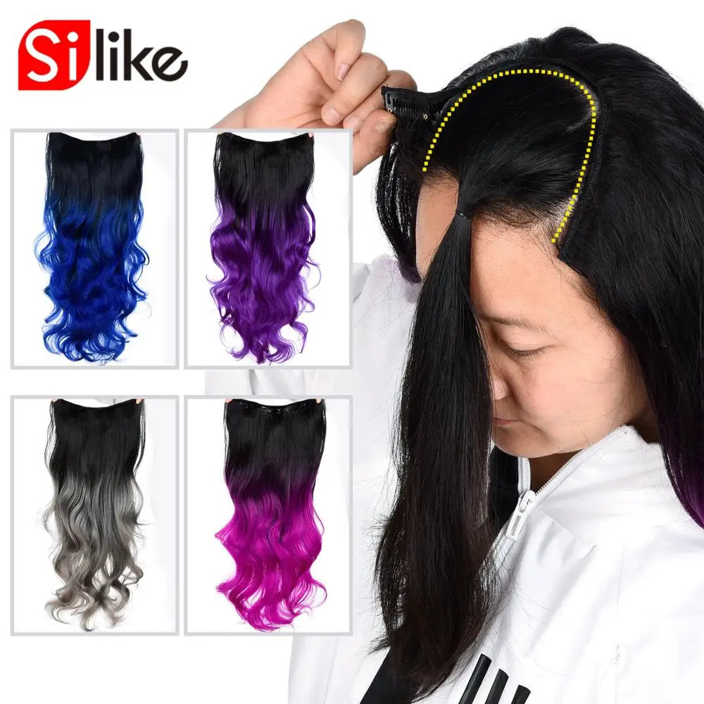  220g U Part Clips In Hair Upgrade Clip Hair Extension Synthetic Natural Wavy Hair Half Wig Blue Pin