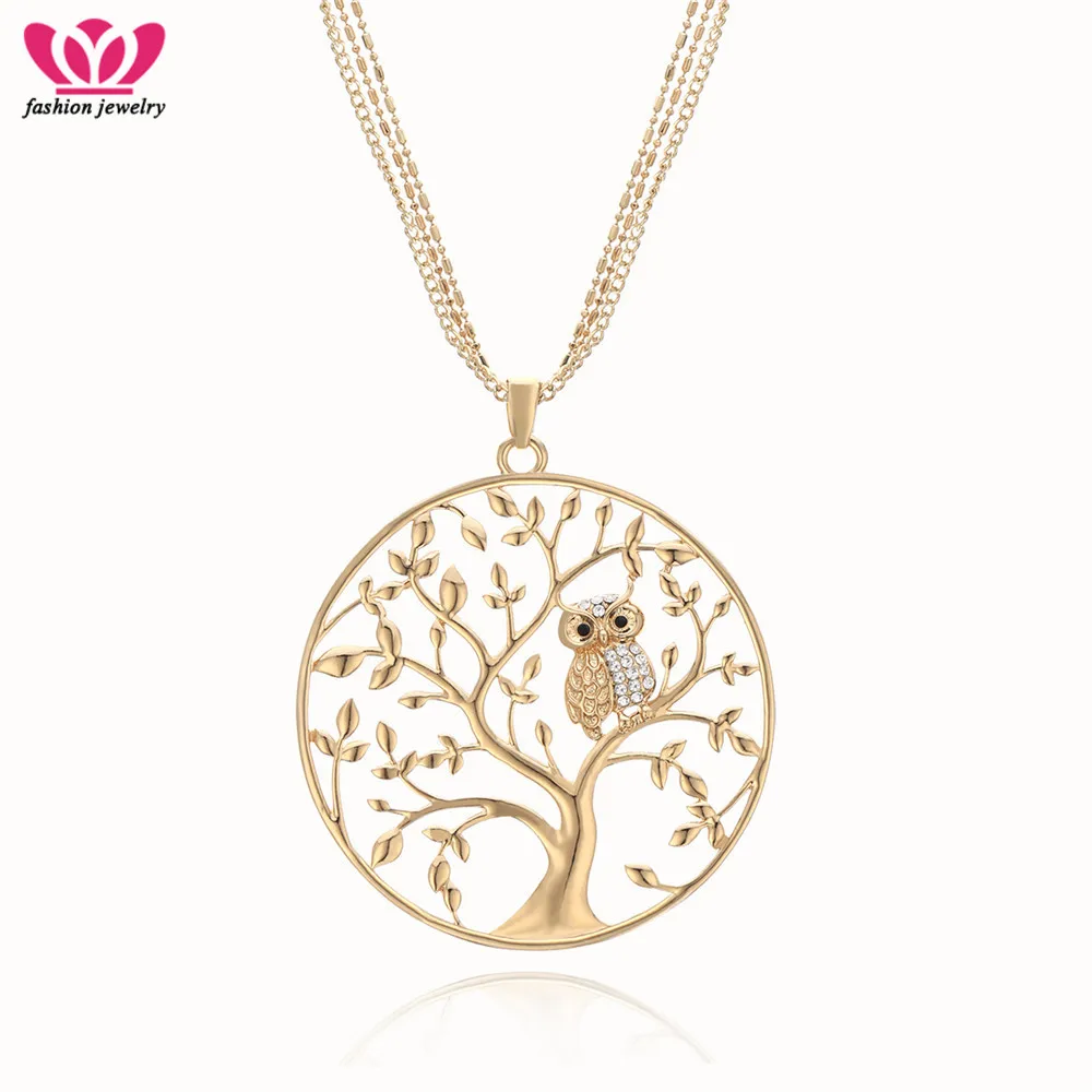 

Big Tree Of Life Cute Crystal Owl Necklace Pendant For Women Sweater Multilayer Chains Long Necklaces Statement Collier Bijoux