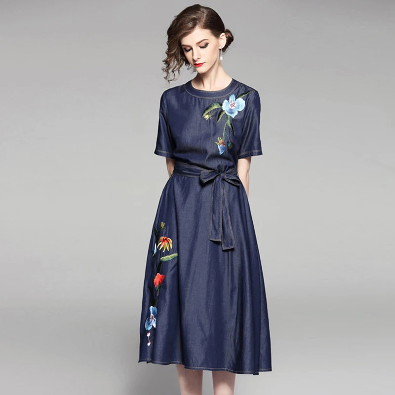 Embroidery Denim Dress Women 2018 Autumn Elegant New Hot Short Sleeve O_neck Brief Slim Bow Female Cute Blue Dresses