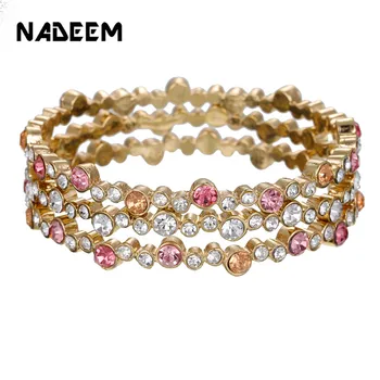 

Bohemian Women Girl Wide 3Pcs/Sets Gold Alloy Bracelets Set Colorful Rhinestone Bangle Sets Wedding Party Jewelry Accessories