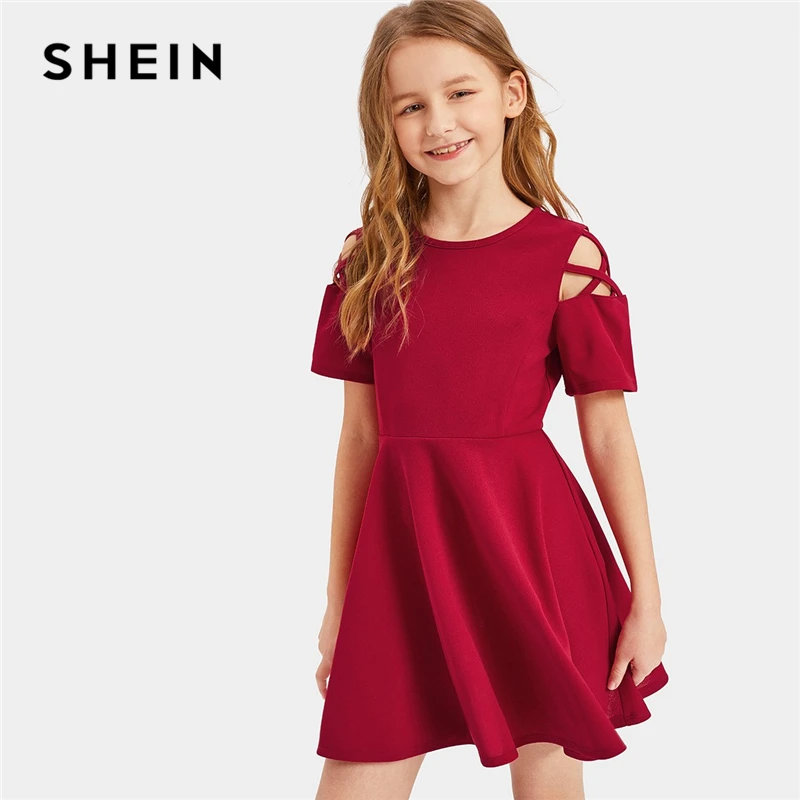 SHEIN Kiddie Burgundy Crisscross Shoulder Ruffle Hem Girls Dress Kids 2019 Summer Short Sleeve Casual Zipper Back Flared Dresses SHEIN Kiddie Burgundy Crisscross Shoulder Ruffle Hem Girls Dress Kids 2019 Summer Short Sleeve Casual Zipper Back Flared Dresses