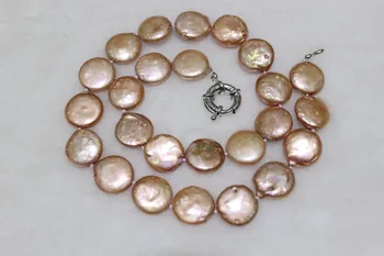 

FREE SHIPPING Coin shape freshwater pearl necklace jacinth 14-15mm 17INCH