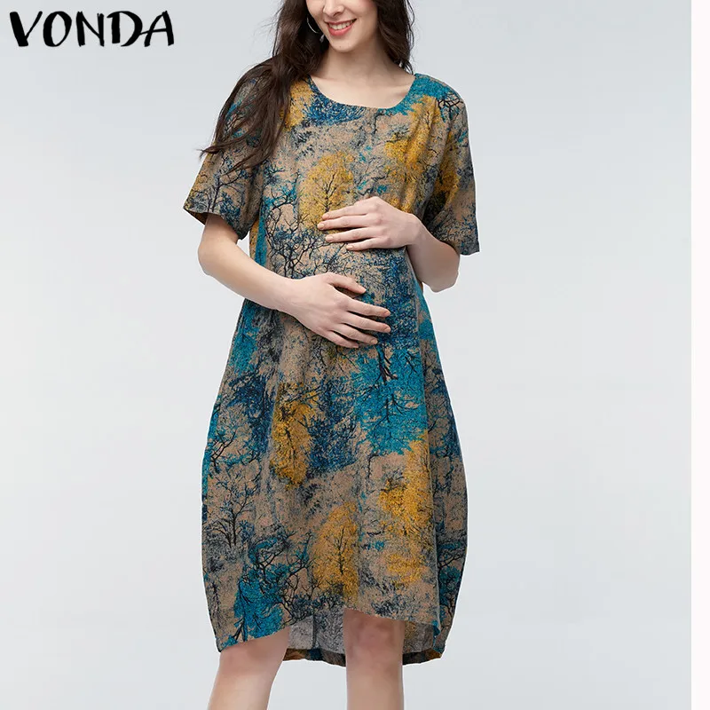 

VONDA 2019 Summer Women Vintage Floral Print Maternity Dress Casual Loose Short Sleeve Pregnant Mother Clothes Plus Size M-5XL