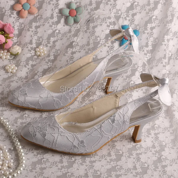 Custom Handmade Slingback Silver Wedding Lace Shoes Bridesmaid with Bowknot Back
