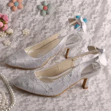 Пользовательские Ручной Slingback Silver Свадебные Кружевные Туфли Невесты с Бантом Вернуться