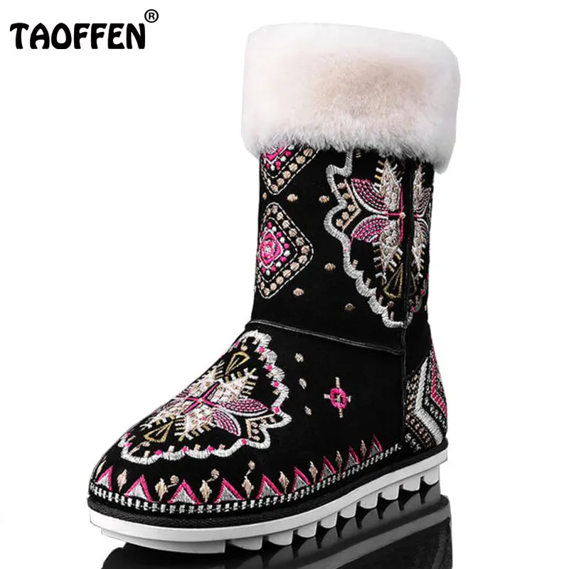

TAOFFEN Women Genuine Leather Flat Boots Women Embroidery Thick Fur Short Boots Warm Winter Shoes For Woman Footwears Size 34-40