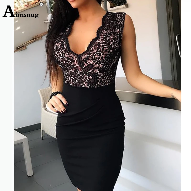 

Aimsnug Women Lace Sexy Dress Hollow Out Mini Bodycon Vestidos Lady Party Elegant Dress Robe Femme Summer V Neck Pencil Dresses