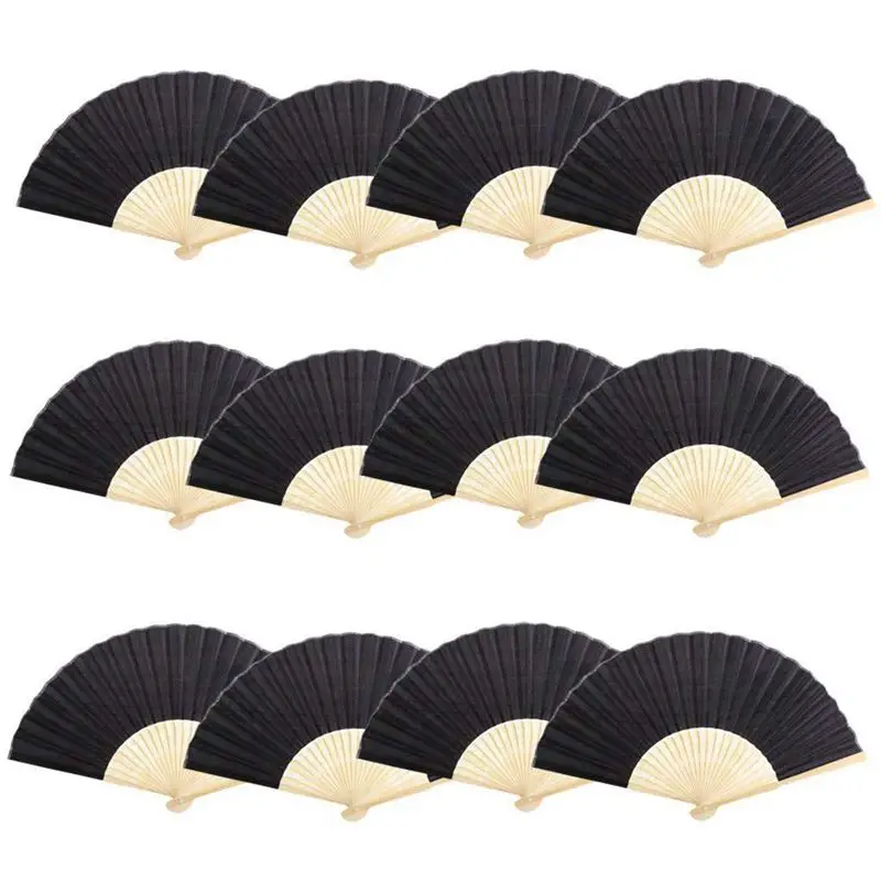 

Hot Sale 12pcs Lot of Chinese Foldable Bamboo Handcrafted Foldable Fan & Fabric Dance Wedding Gift - Black