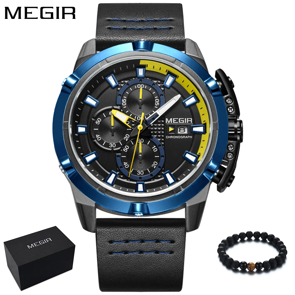 

MEGIR New Fashion Sport Watch Men Blue Mens Watches Top Brand Luxury Leather Band Quartz Wristwatch Waterproof relogio masculino