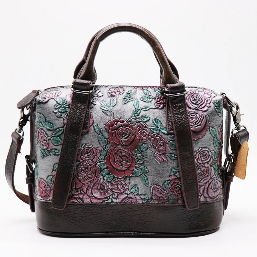 

Vintage 3D Flower Engrave Genuine Leather Tote Handbag Women Cross Body Shoulder Bag Women's Messenger Bags Top-Handle Pack