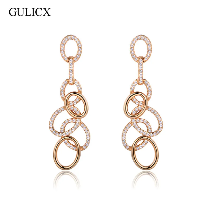 

GULICX Fashion Geometric Circle Long Drop Earing for Women Gold-color CZ Zircon Hollow Dangle Earrings Party Jewelry AE024