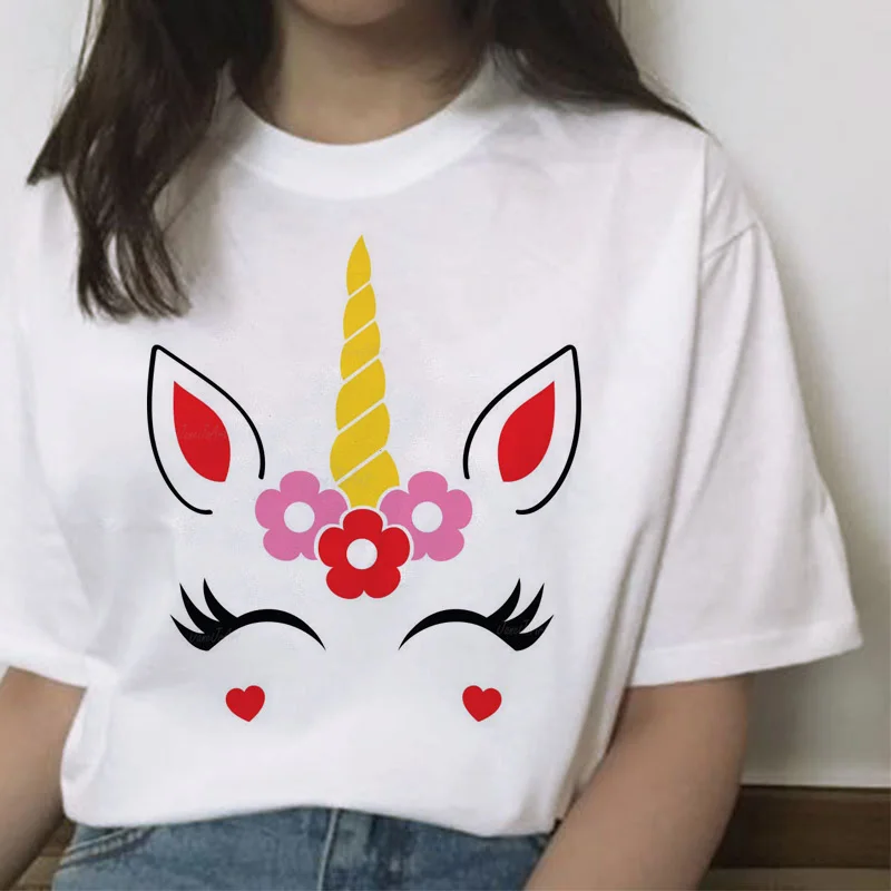 يونيكورن t قميص المرأة تي شيرت أعلى كوع تي أنثى قميص الكرتون قصيرة الأكمام فام الأزياء رمش ulzzang المتناثرة التي شيرت kawaii