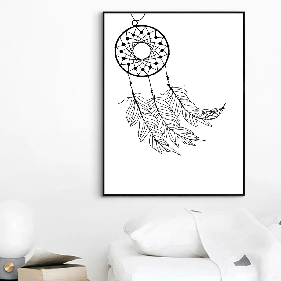Black-White-Dreamcatcher-Feather-Quotes-Nordic-Posters-And-Prints-Wall-Art-Canvas-Painting-Cartoon-Wall-Pictures (2)