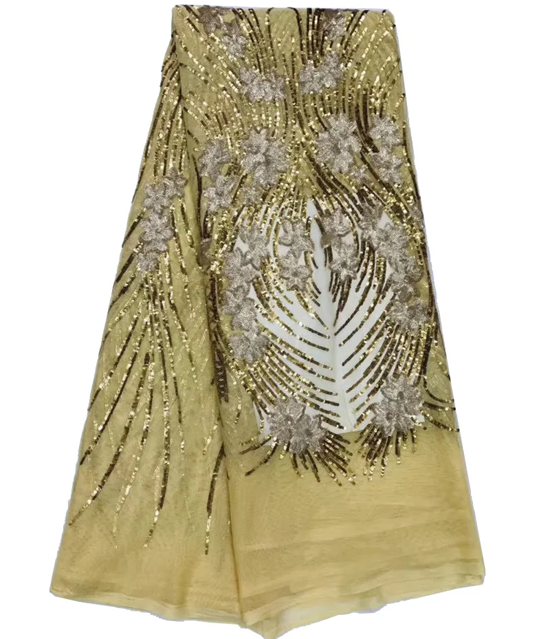 

(5yards/pc) high quality gold African sequins French net lace fabric with gorgeous embroidery for party dress FNS155